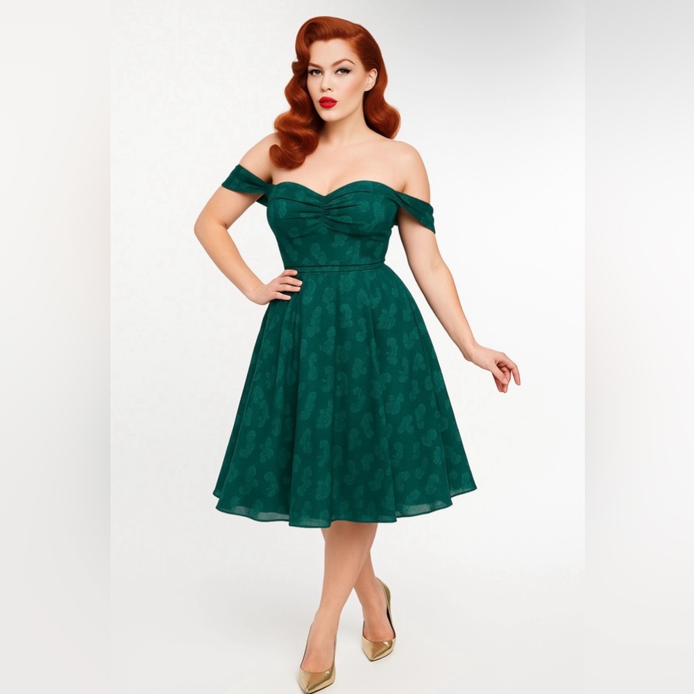 Unique Vintage 1950s Teal Green Jacquard Off Shoulder Flare Dress, Size  XL, NWT - Picture 9 of 15